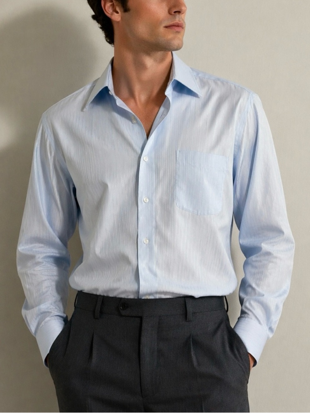 LANVIN PARIS Vintage Y2K Blue Textured Striped Button Down Dress Shirt